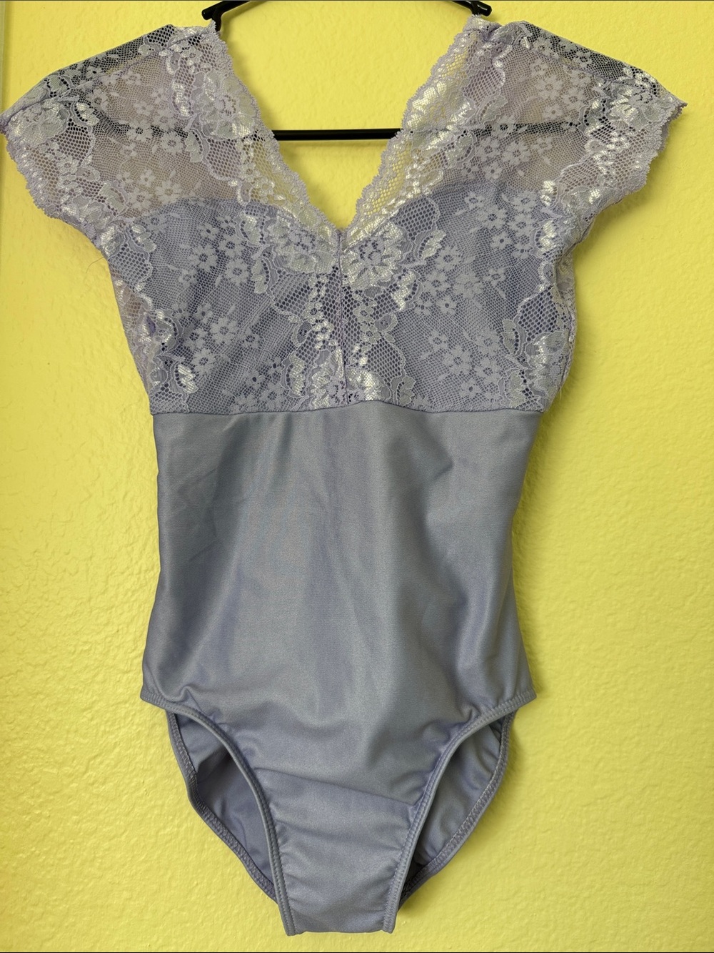 Lace-Trim V-Neck So Danca Leotard Bodysuit in Light Lavender